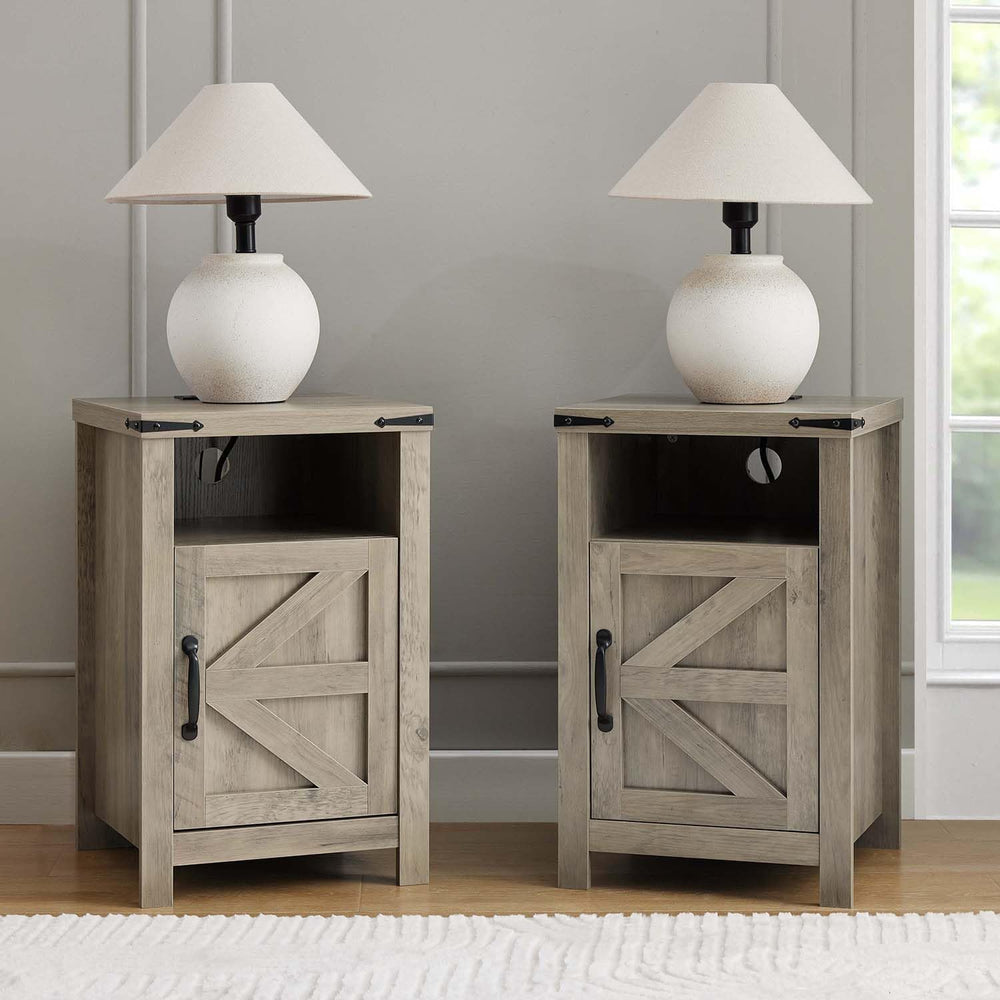 Grey Farmhouse Nightstand Set of 2, End Tables Set with Charging Station, Nig...