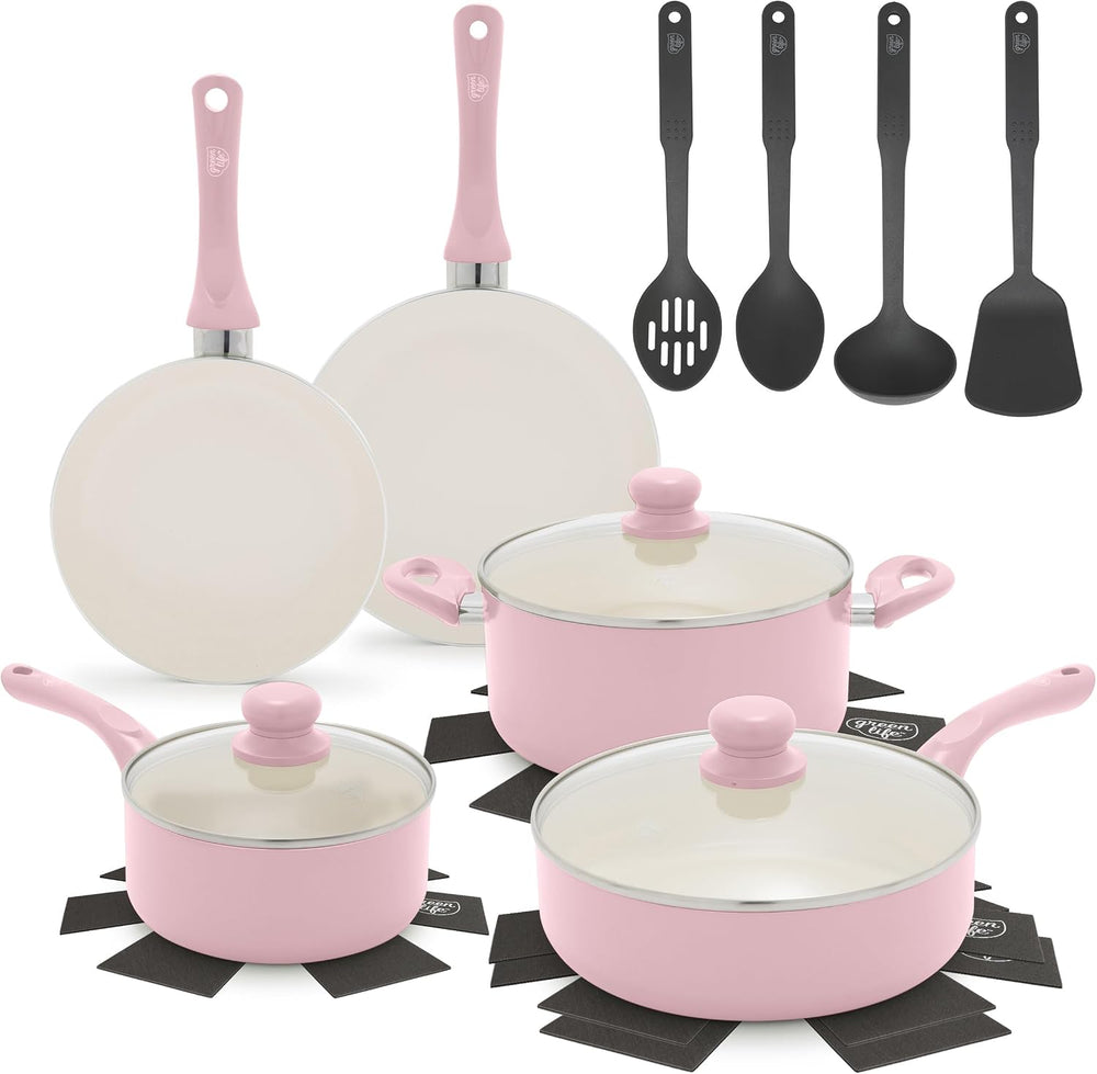 GreenLife 16-Piece Nonstick Cookware Set, Non-Toxic Ceramic Pots and Pans Set