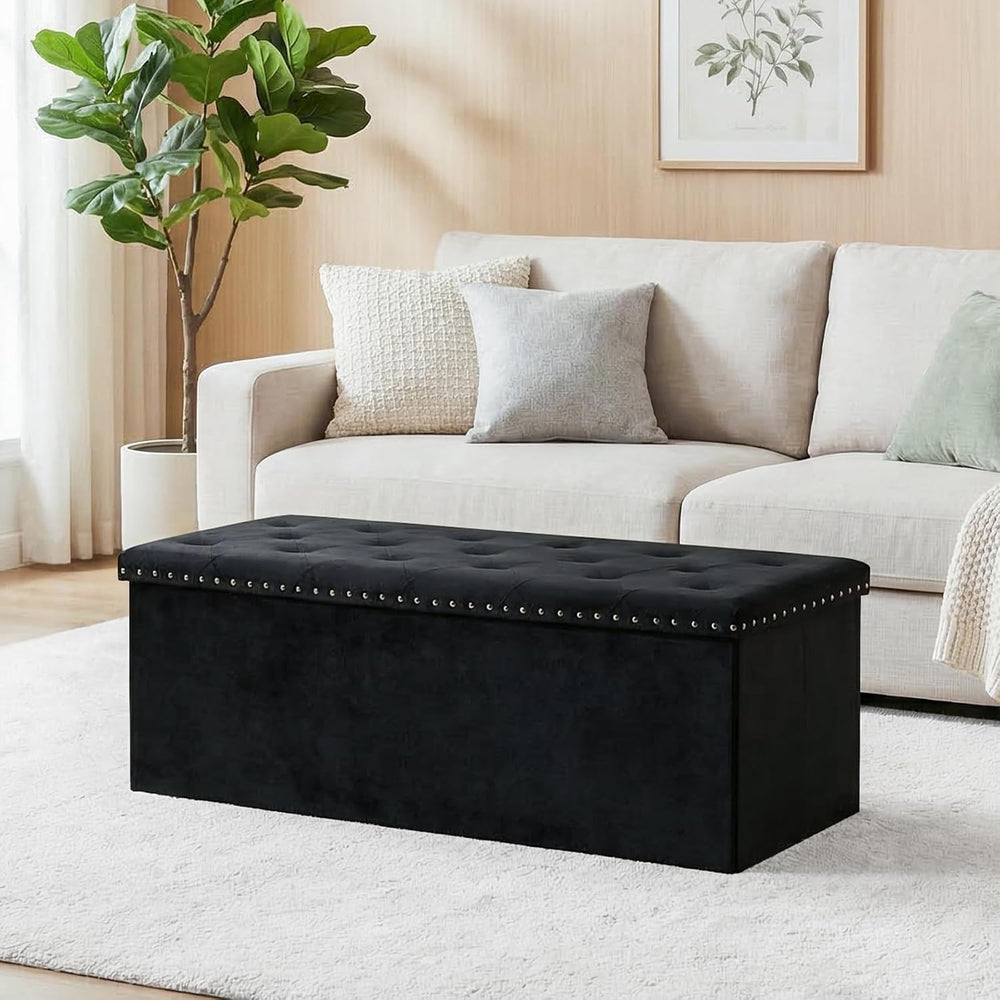 43 Inches Velvet Storage Ottoman Bench, Folding Upholstered Ottoman with Stor...