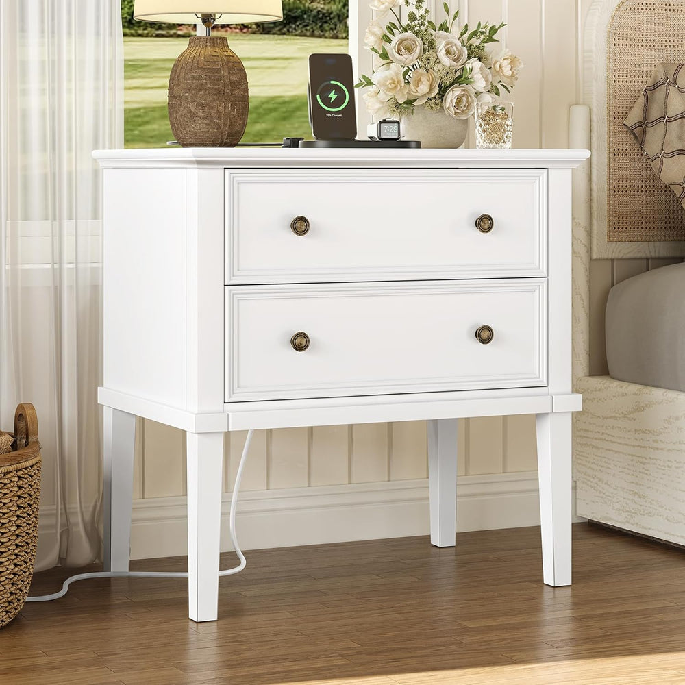 IKENO Solid Wood Nightstand with Charging Station, Farmhouse End Table with 2...