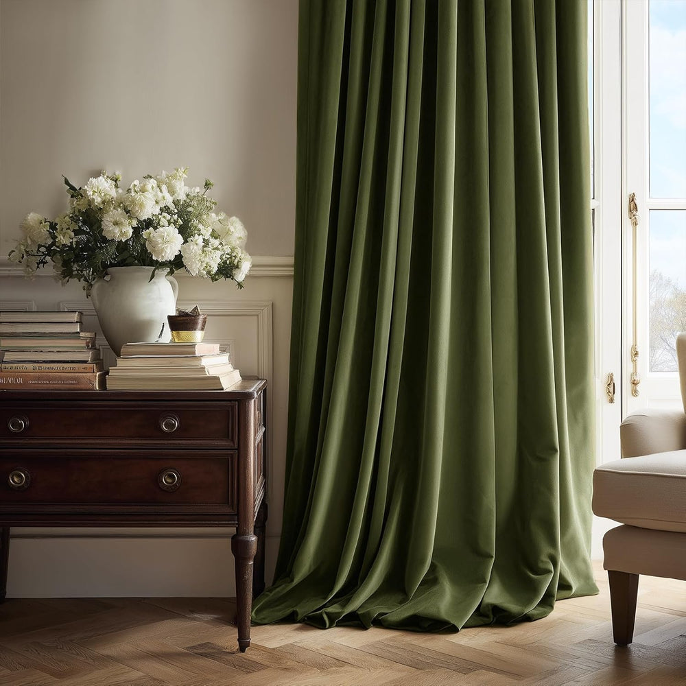 Olive Green Velvet Blackout Curtains 84 Inches 2 Panels Forest Green Elegant ...