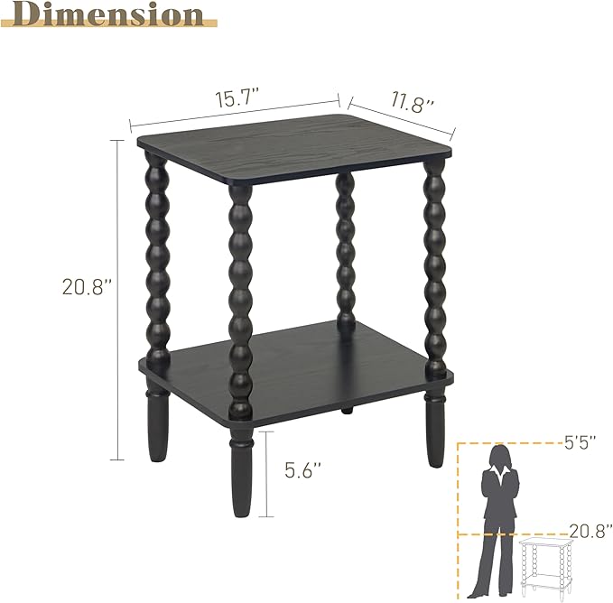 Black Side Table, Small End Table with 2-Tier Shelf, Vintage Night Stand with...