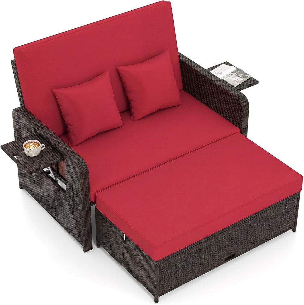 Tangkula Patio Rattan Daybed with 4-Level Adjustable Backrest, Red Cushion