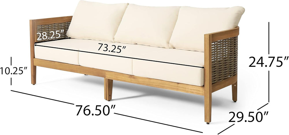Burchett Outdoor 3 Seater Sofa with Cushions - Acacia Wood and Round Wicker -...