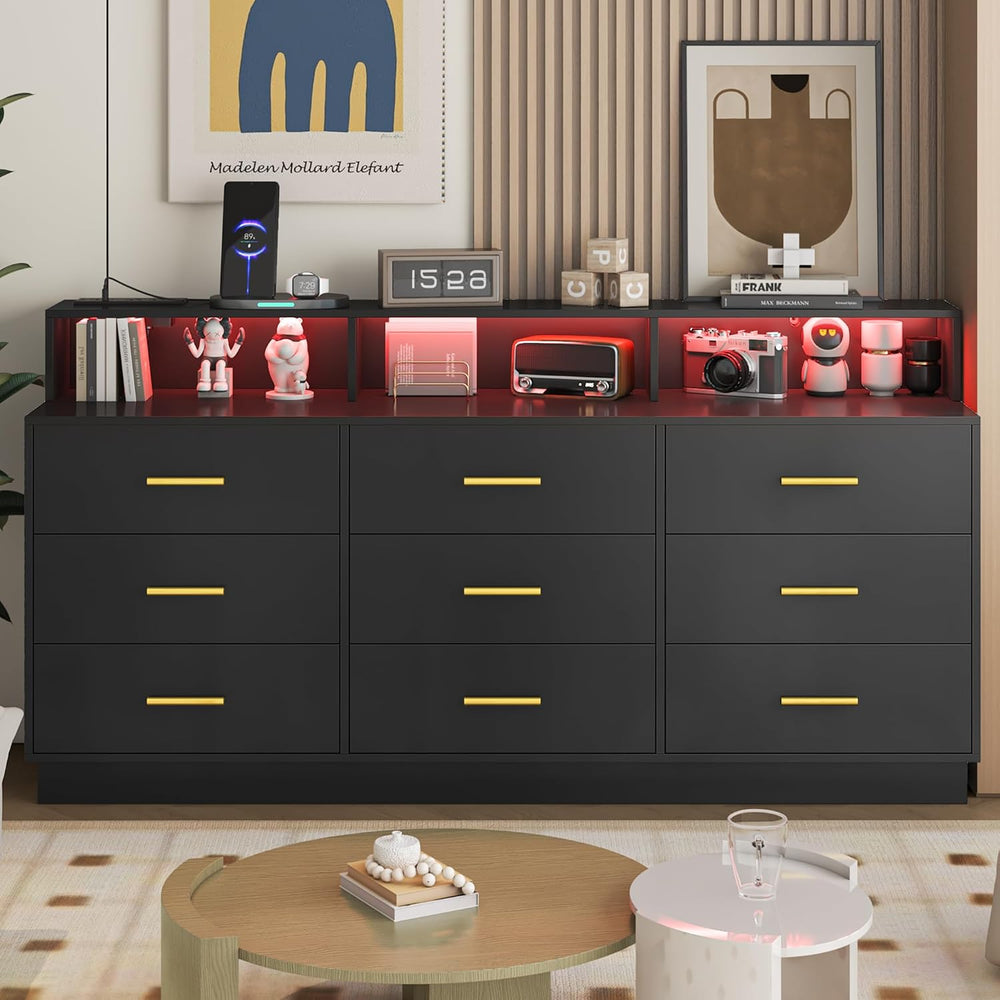 UNIQUITE Black 9 Drawer Dressers for Bedroom, Modern Large Dresser with LED L...