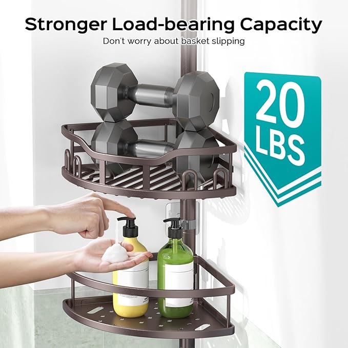HAMITOR Corner Shower Caddy Tension Pole: Rustproof Stable 4-Tier Bathroom