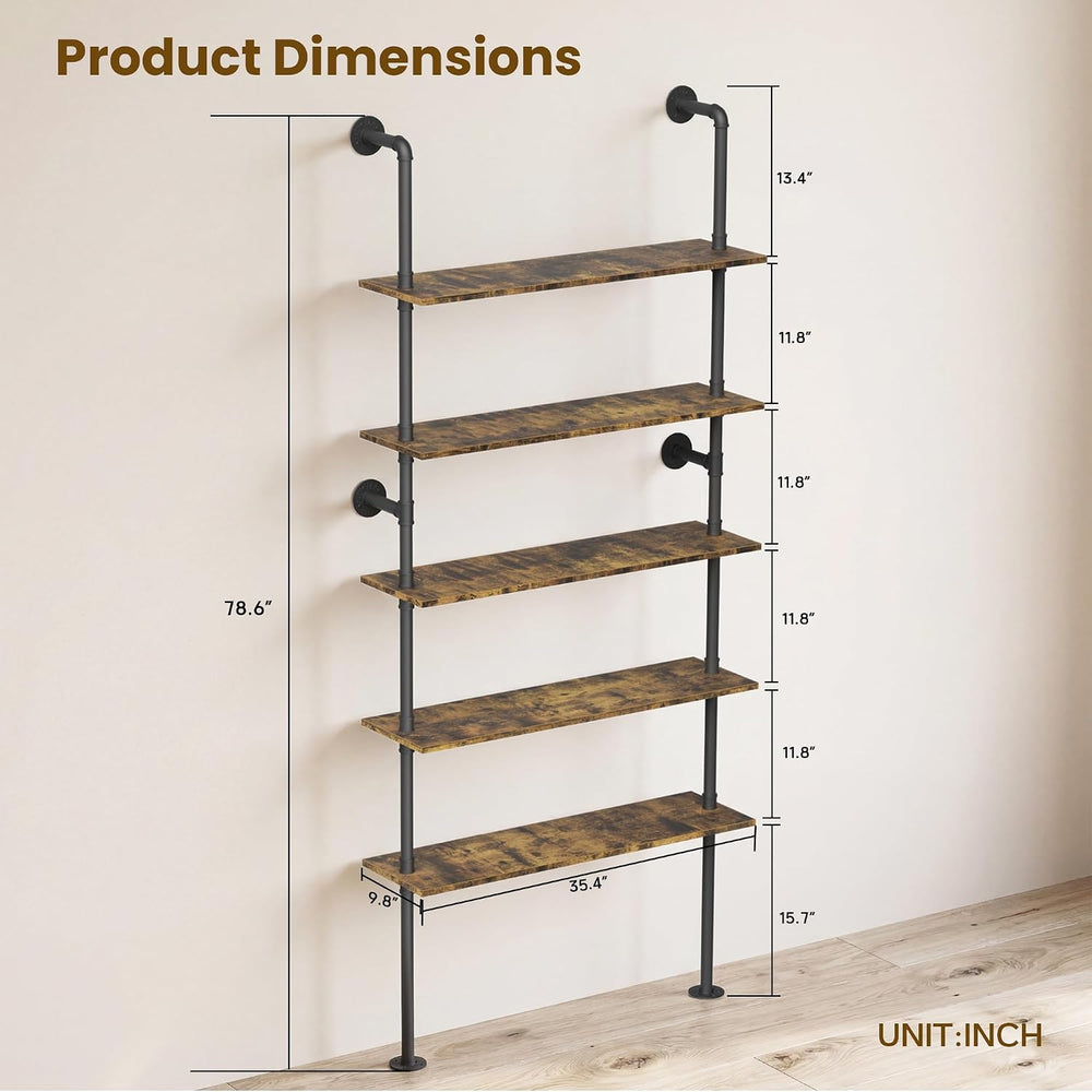 Merapi 5 Tier Rustic Industrial Pipe Floating Wall Shelves | Wall Mounted She...
