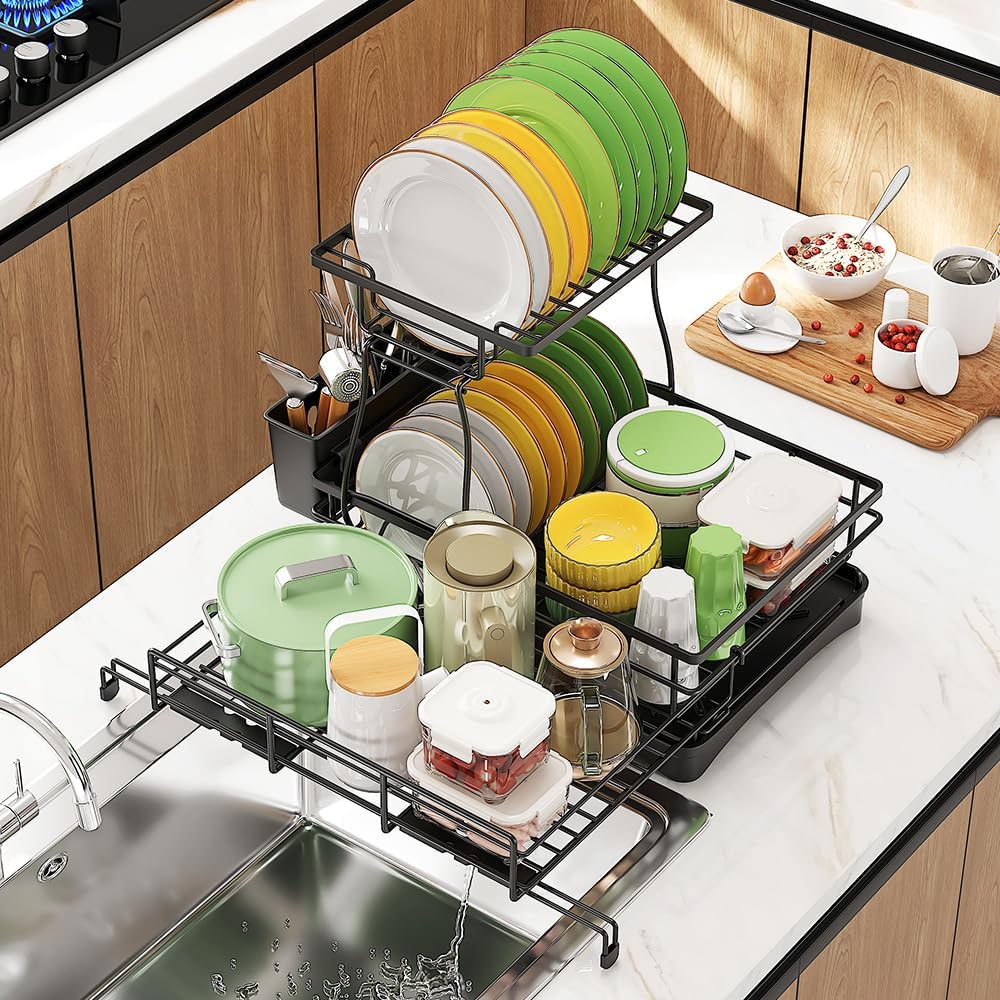 Over The Sink Large 2 Tier Dish Drying Rack Expandable, Dish Drainers
