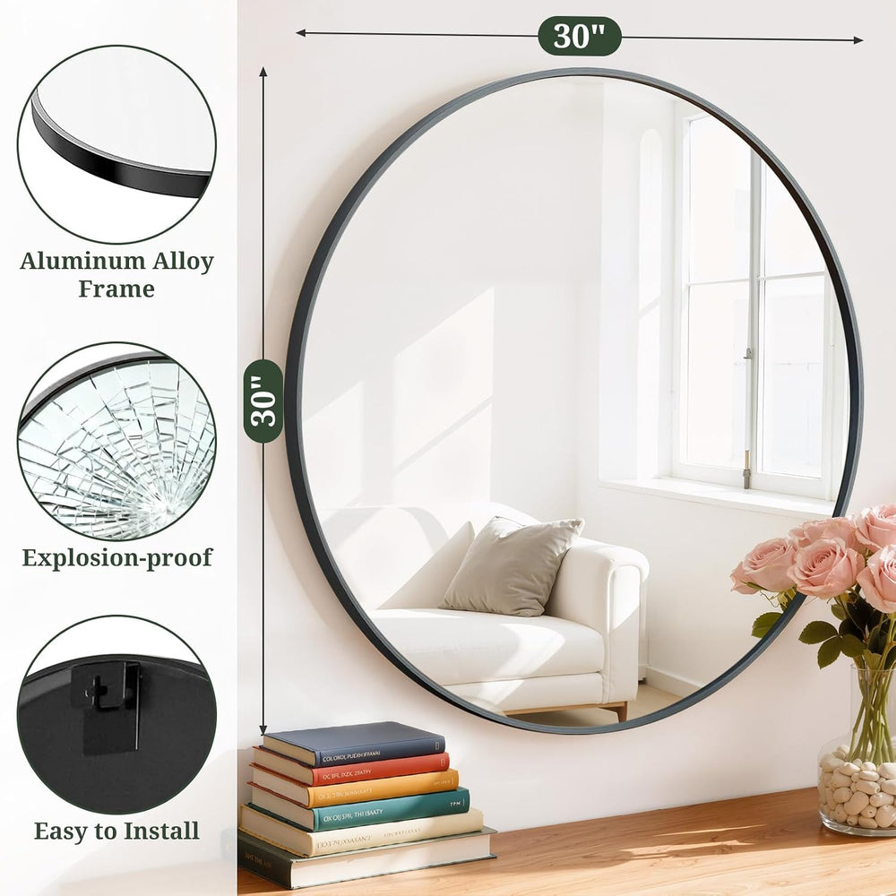Round Wall Mirror 30 Inch Black Vanity Mirror with Metal Frame
