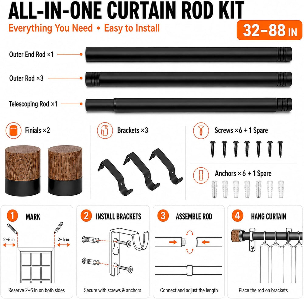 1 Pack Boho Rustic Adjustable Wood Curtain Rod 32-88 Inch, Black
