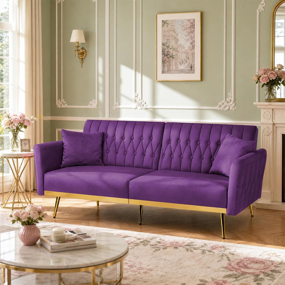 70” Velvet Futon Sofa Bed w/Adjustable Armrests, Purpel