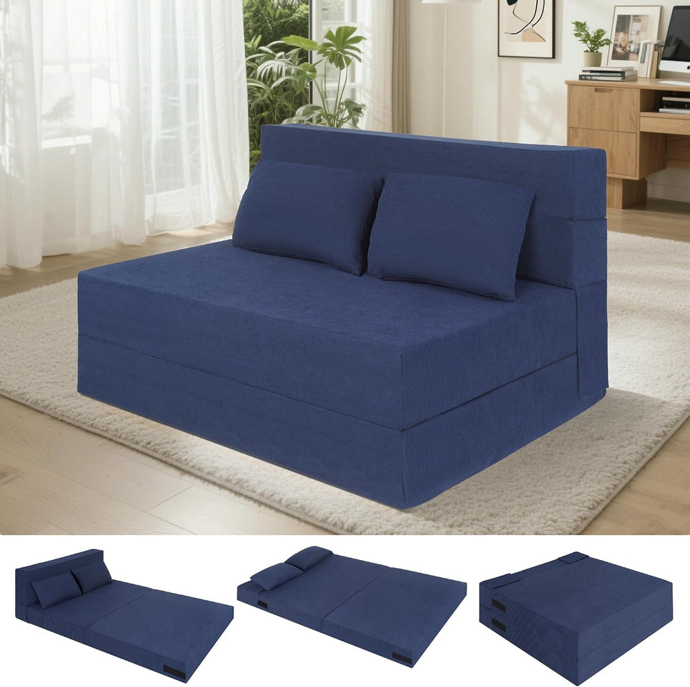 Fold Out Chair Bed with Pillow High-Density Foam Standard Size, Blue