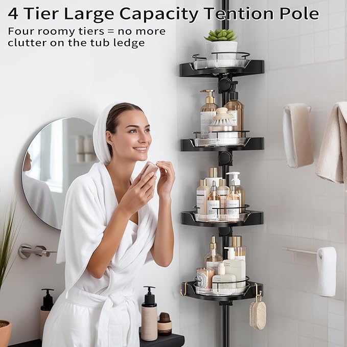 shuang qing 360° Rotating Corner Shower Caddy Tension Pole Organizer
