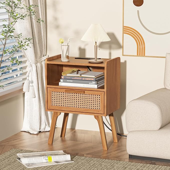 Lerliuo Rattan Nightstands Set of 2 with Charging Station, Side Table with Dr...
