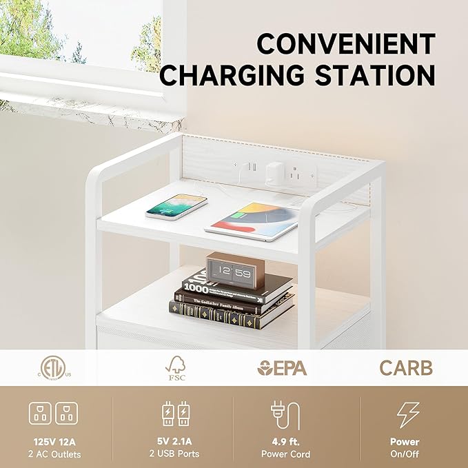 Night Stand Bedside Table Bedroom - White Nightstand with Charging Station &a...