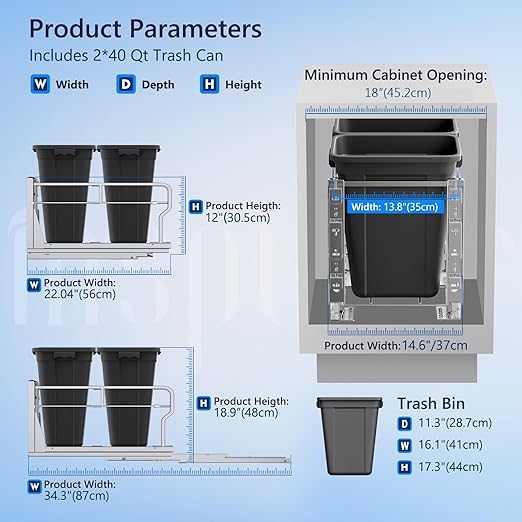 Insputer Double 40QT Pull Out Trash Can Under Cabinet, Heavy Duty Under Sink