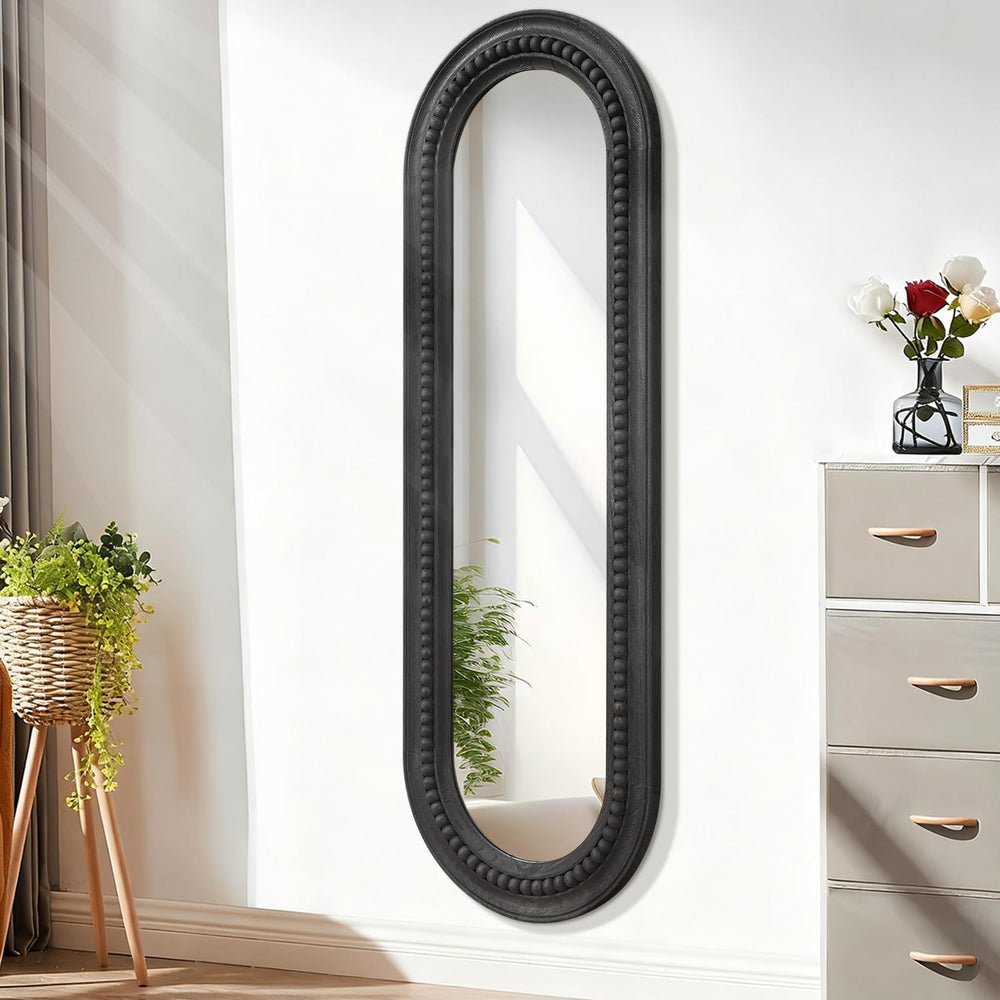 Oval Full Length Mirror with Beaded Wood Framed Black Decorative Large Wall M...