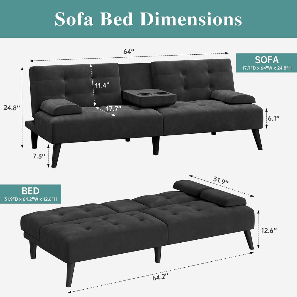 64" Futon Sofa Bed, Small Loveseat, Cup Holders Armrests, Black
