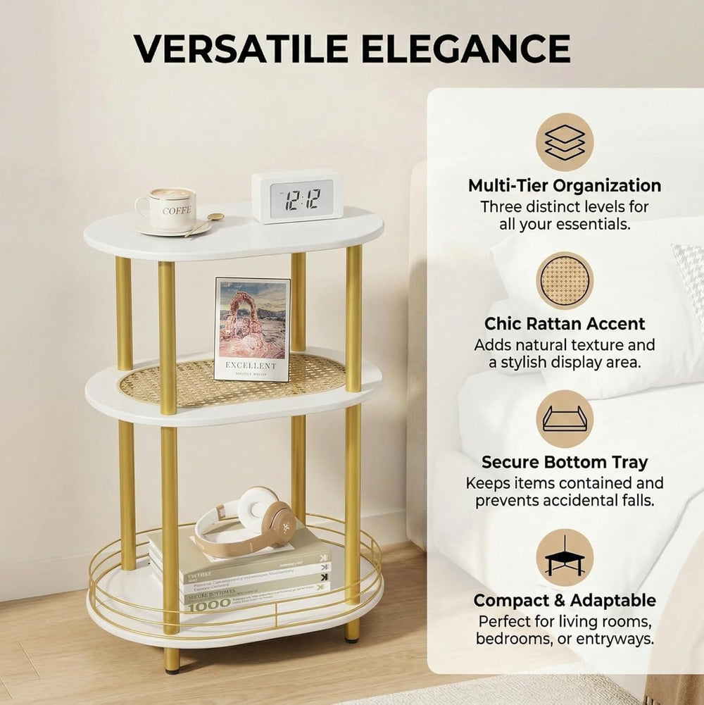 Small Rattan Side/Accent Table with Storage, 3 Tier Round/Oval End Table with...