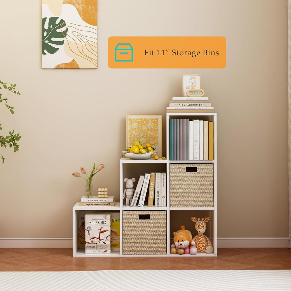 Ladder Cube Storage Bookcase - Wooden L-Shaped 3-Tier Corner Shelf, Reversibl...