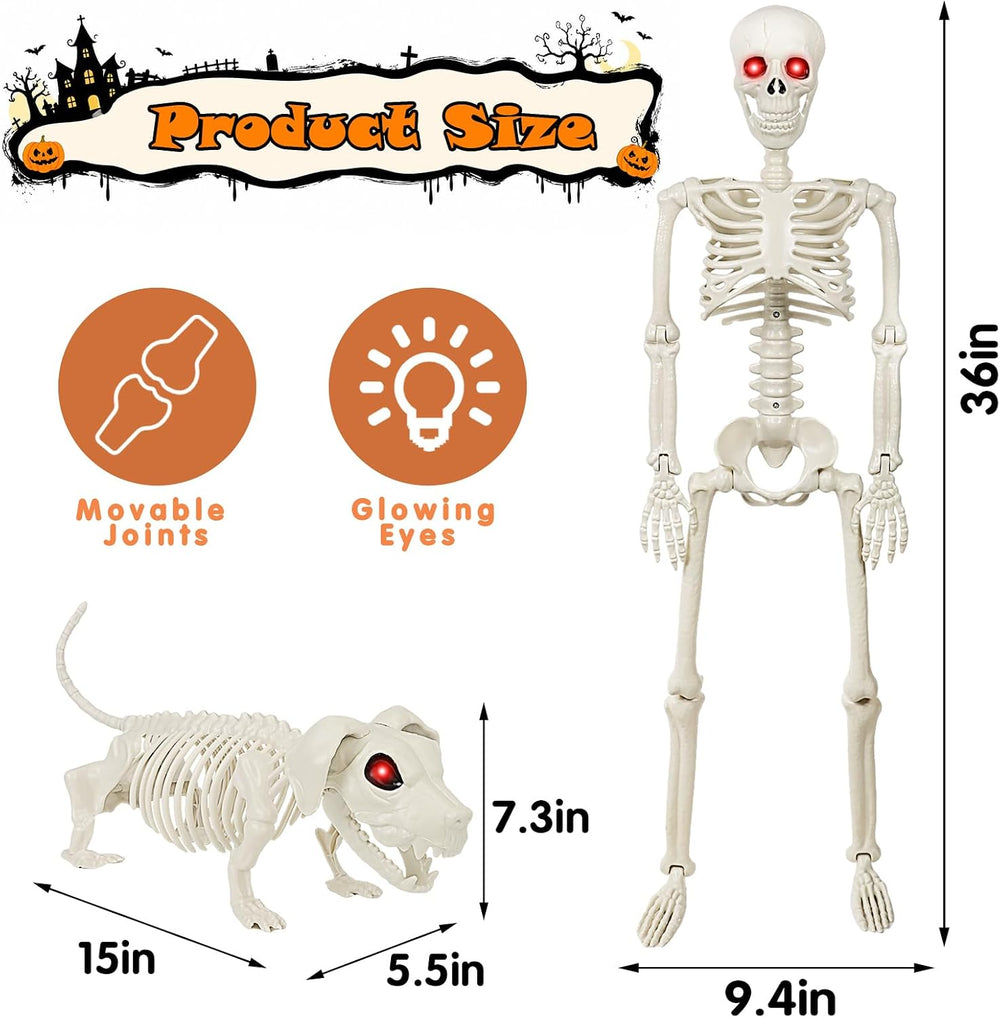 36'' Halloween Skeleton Decoration with Dog: Posable Skeleton Glowing...