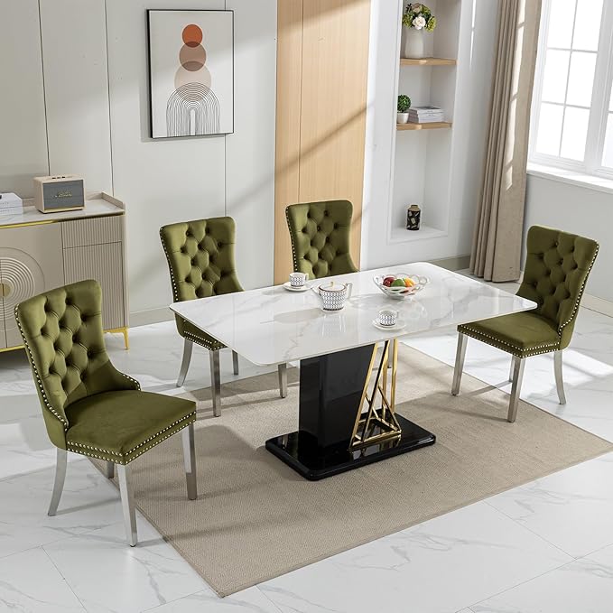 Luxury Upholstered Dining Chairs Set of 6, Olive Green Kitchen Chair with Sil...
