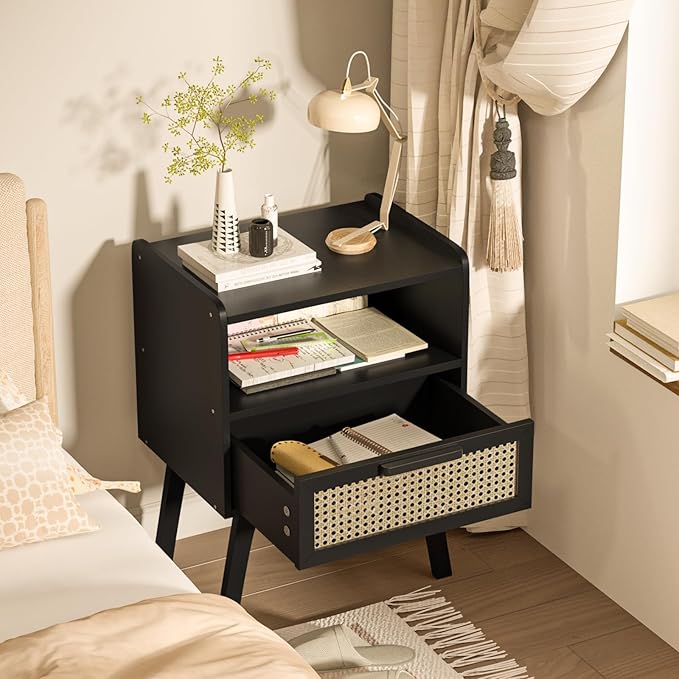 Lerliuo Rattan Nightstands Set of 2, Bedside Table with Drawer Open Shelf, Ca...