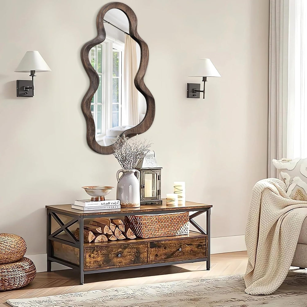 Large Asymmetrical Mirror, Wall Wood Frame Irregular Cloud Wavy Mirror