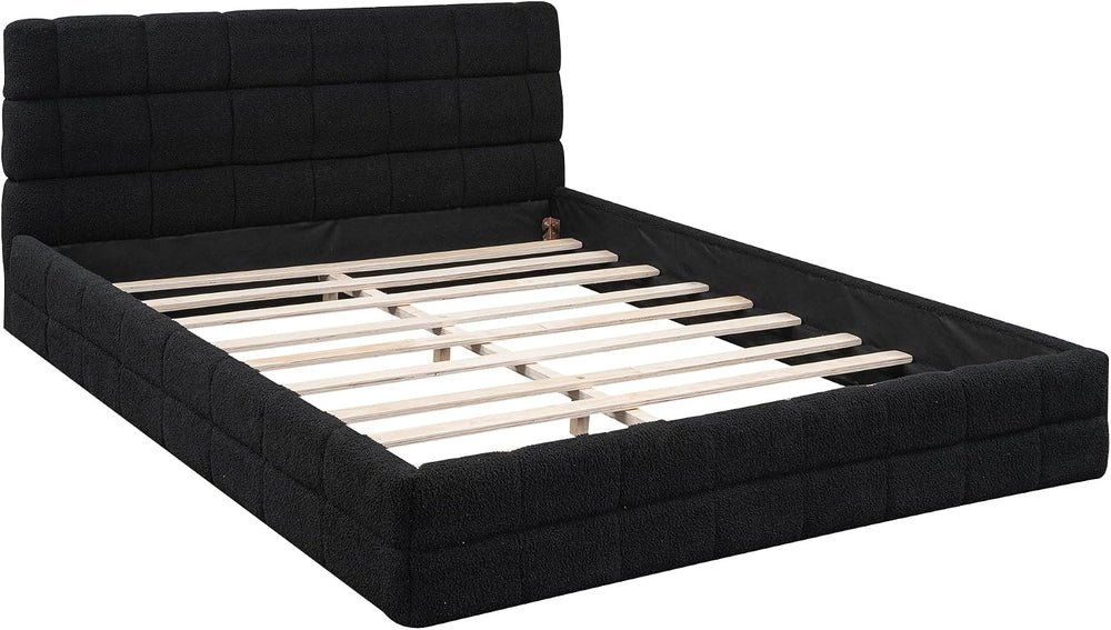 SOFTSEA Queen Size Upholstered Platform Bed, Fleece Floor Bed with Tufted Hea...