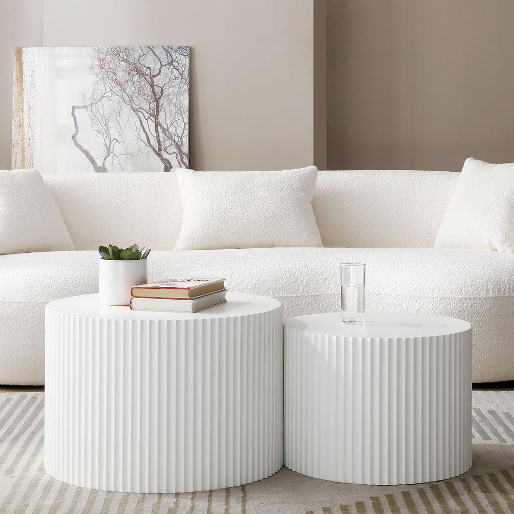 Round Nesting Coffee Table Set of 2, Modern Handcraft Wood Side Table Drum Ac...