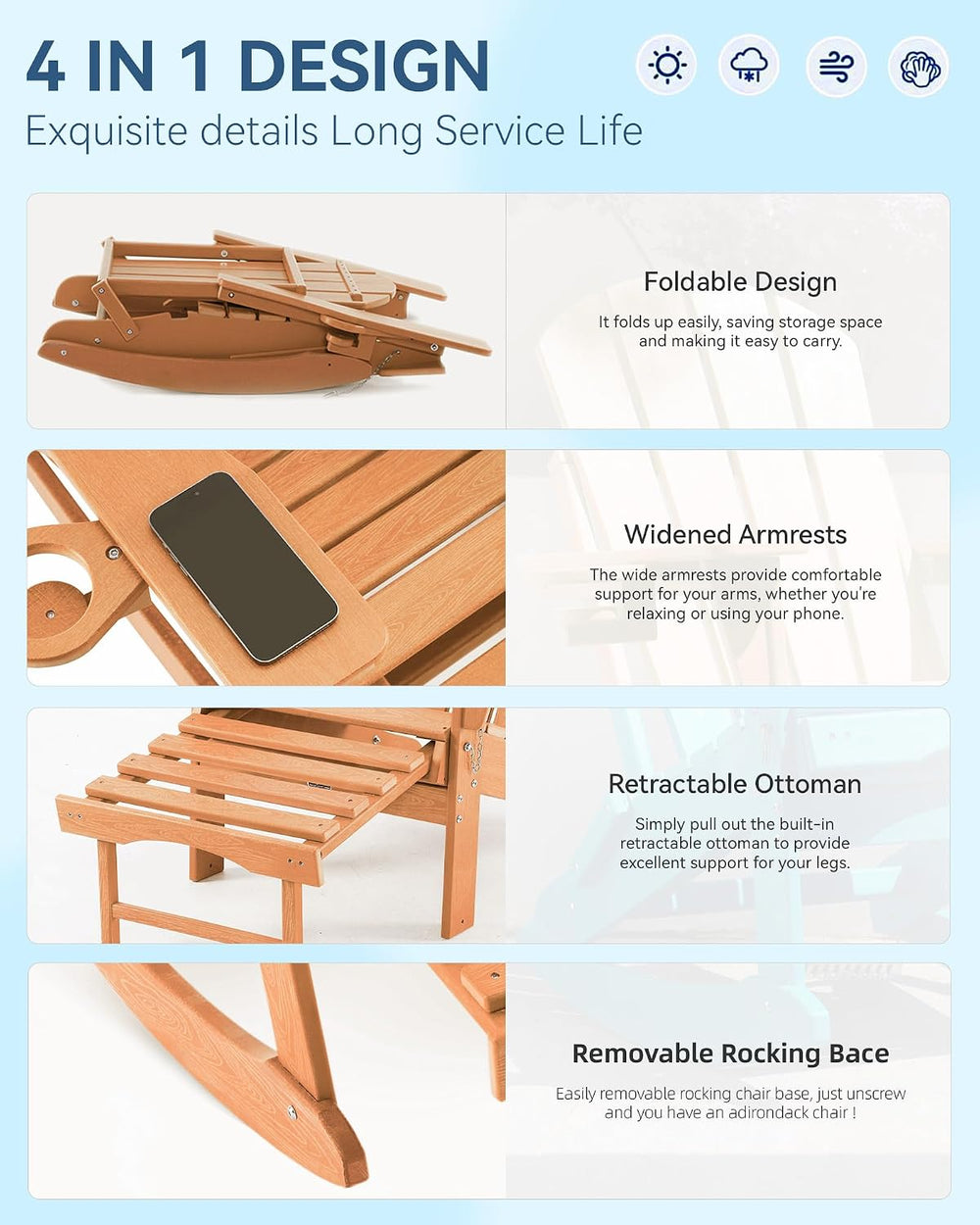 Folding Adirondack Rocking Chair with Footrest, HDPE Adirondack 4-in-1 Multif...