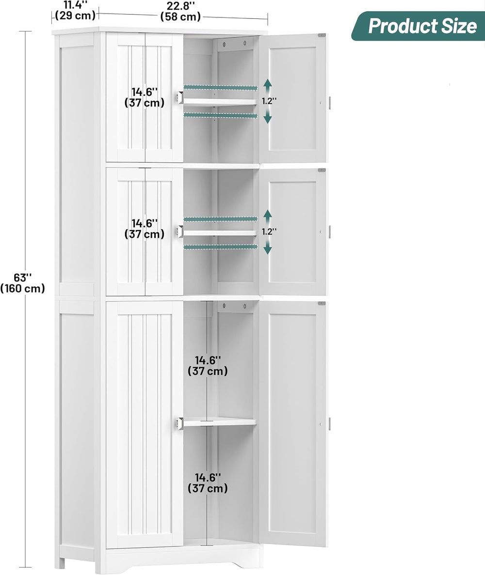 Tall Bathroom Storage Cabinet, 63" H Linen Floor Cabinet | Pantry Storag...