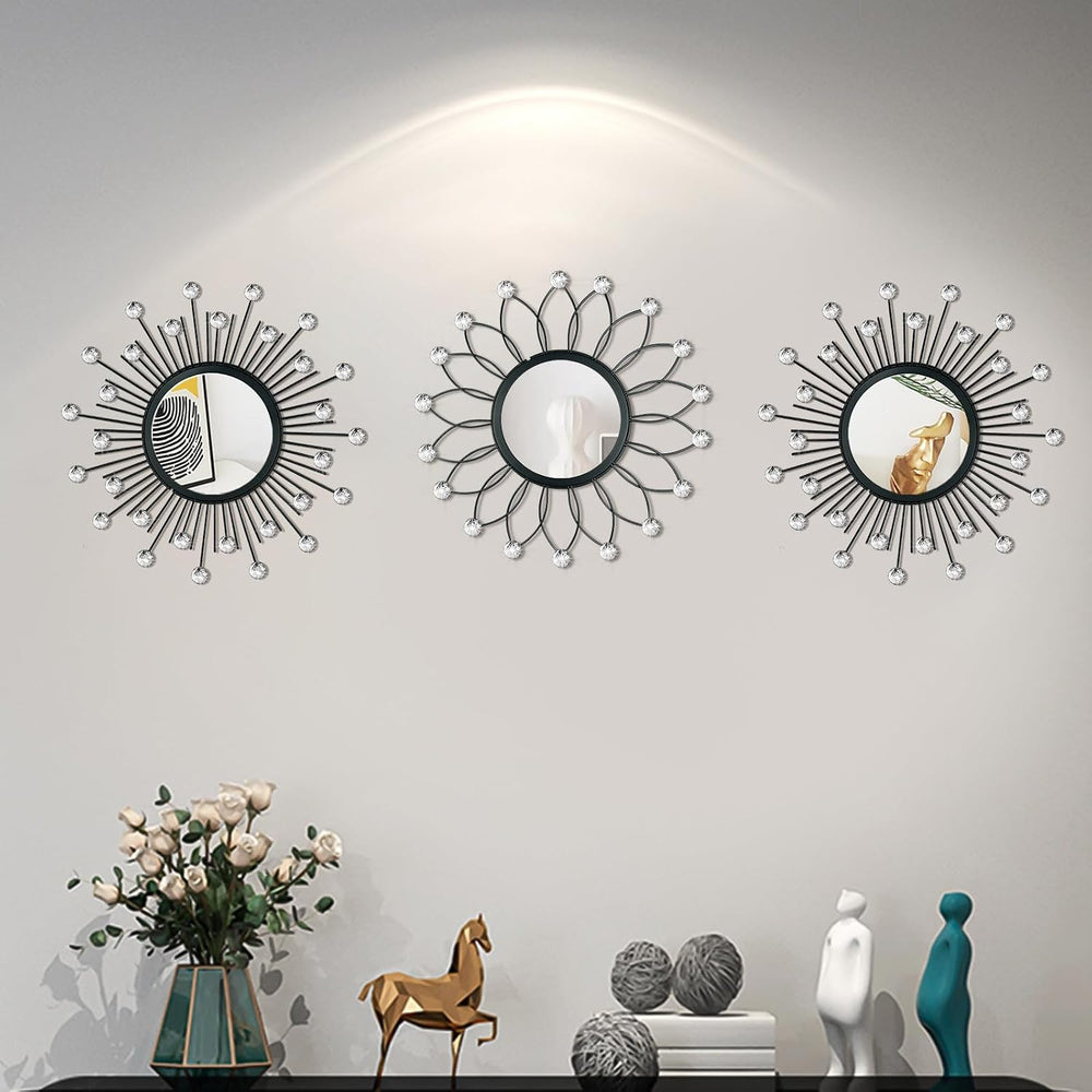 3 Pack Metal Mirror for Wall Sunburst Wall Mirror Black Crystal Home Accent