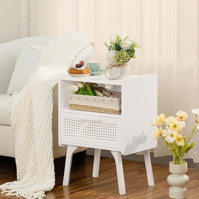 Lerliuo Rattan Nightstands set of 2 with Charging Station, Side Table with Dr...
