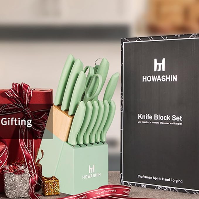 Green Knife Set, High Carbon German Stainless Steel Knife Block Set, Hand wash