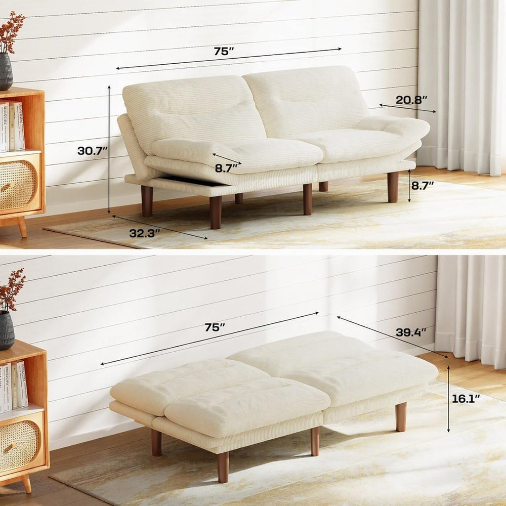 Marsail 75" Futon Sofa Bed, Small Convertible Sleeper Couch, Cream White