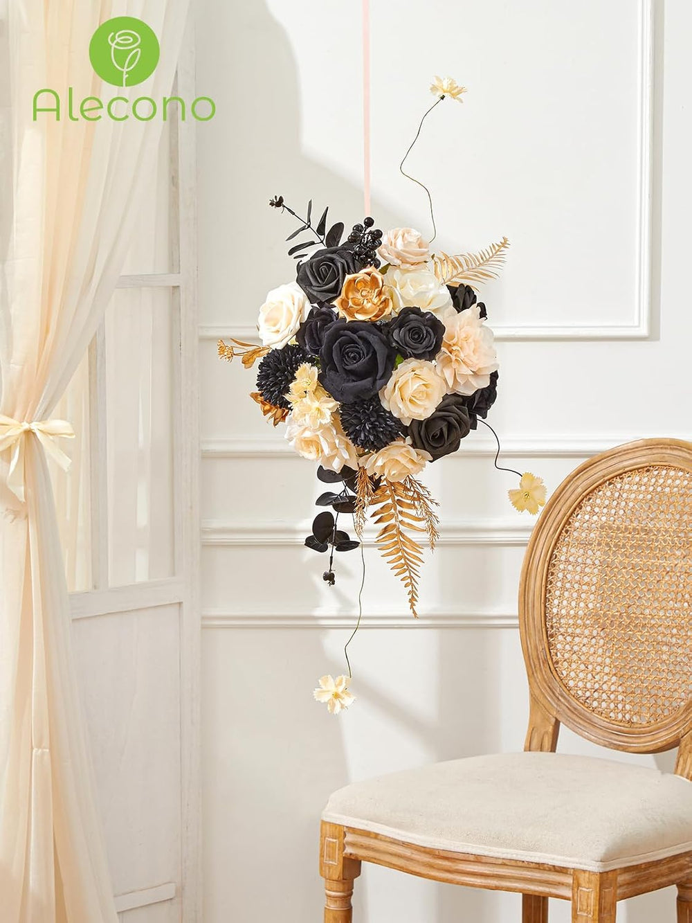 Alecono Silk Artificial Flowers, Black Champagne DIY Wedding Bouquet Set