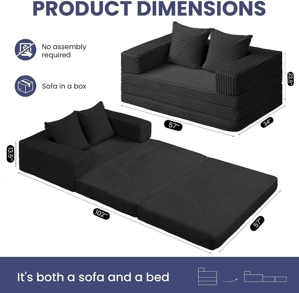 Convertible Sofa Bed, 4-in-1 Boneless Loveseat with Removable Armrests Backre...