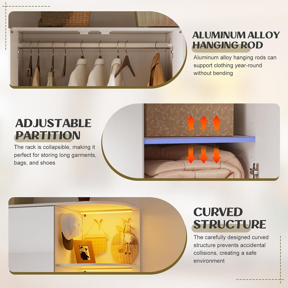 PAKASEPT Armoire Wardrobe Closet with 3 Door, Mirror, LED Lights
