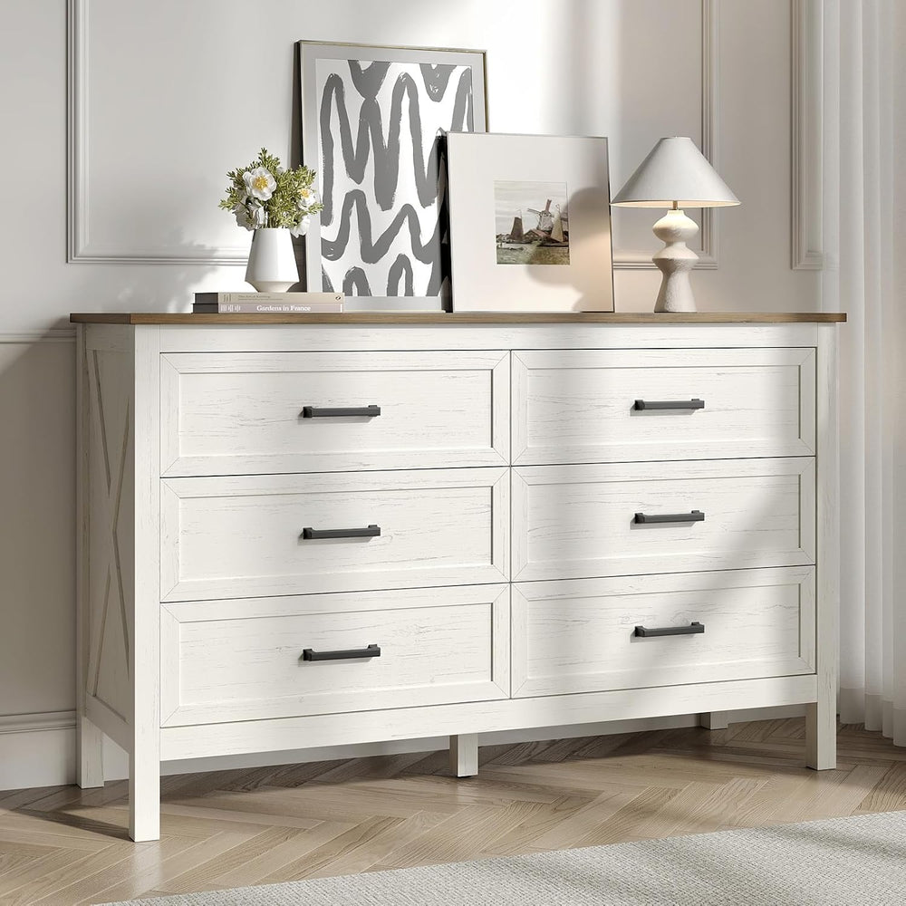 Farmhouse 6 Drawers Dresser for Bedroom, Antique White