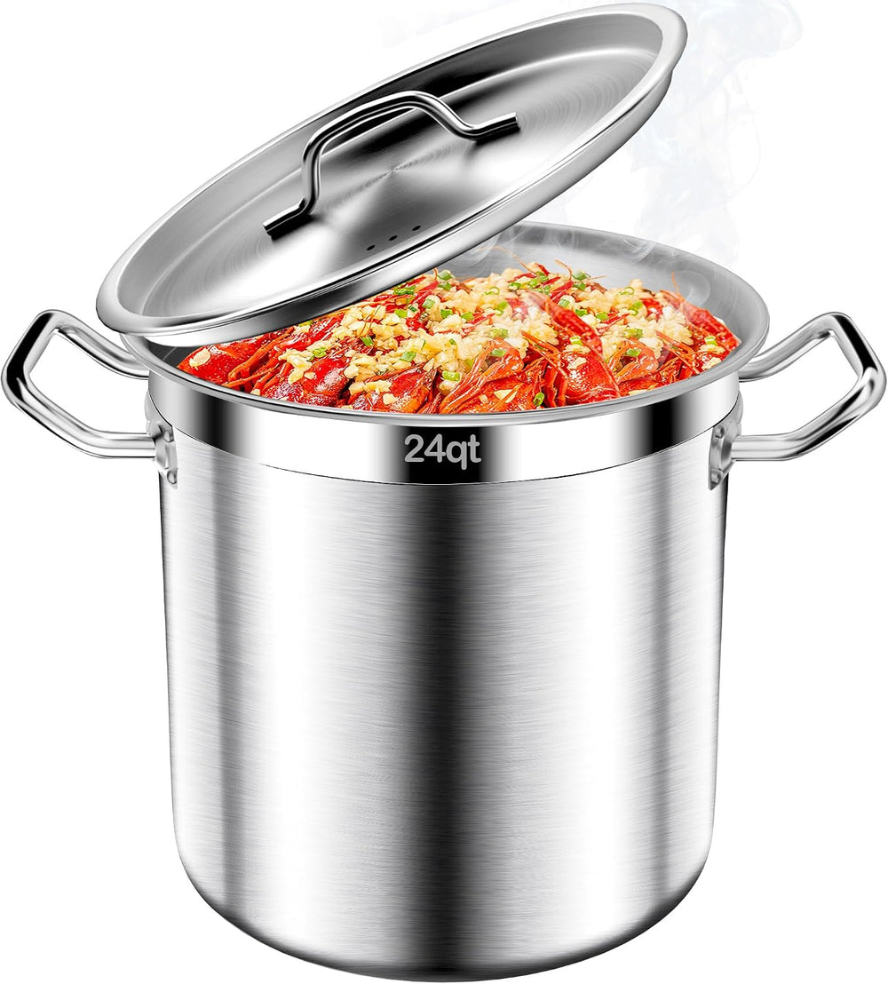 Stainless Steel Stock Pot-24QT Heavy Duty Induction Cooking Pot with Lid, Com...