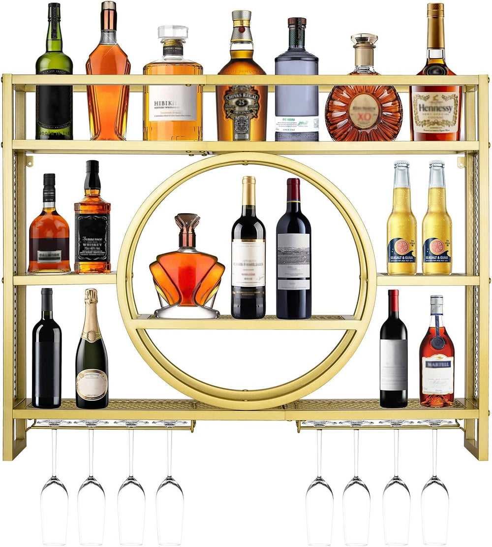 39in Wine Rack Wall Mounted, 3-Tier Metal Bar Shelves with Glass Holder | Mod...