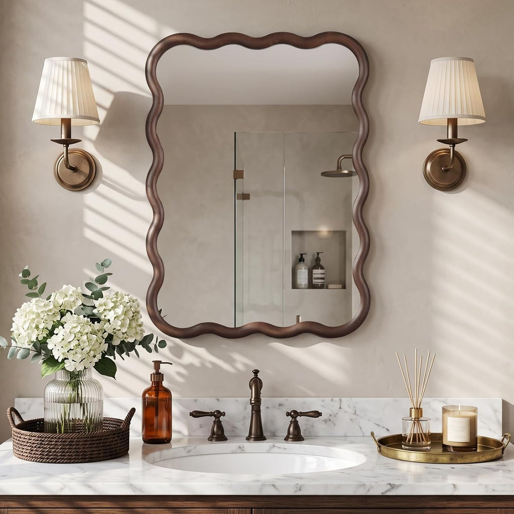 22"x30" Wavy Wood Mirror, Rectangular Wall Mirror with Natural Wood...