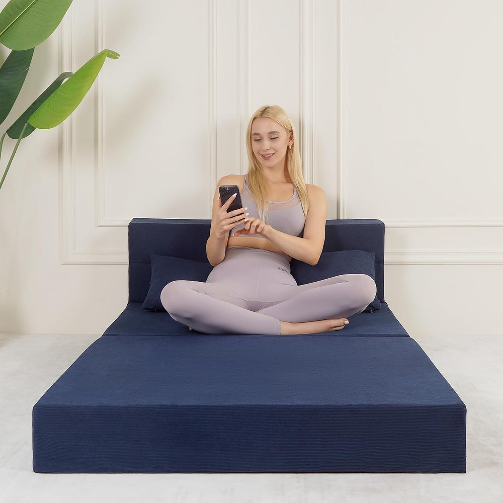 Fold Out Chair Bed with Pillow High-Density Foam Standard Size, Blue