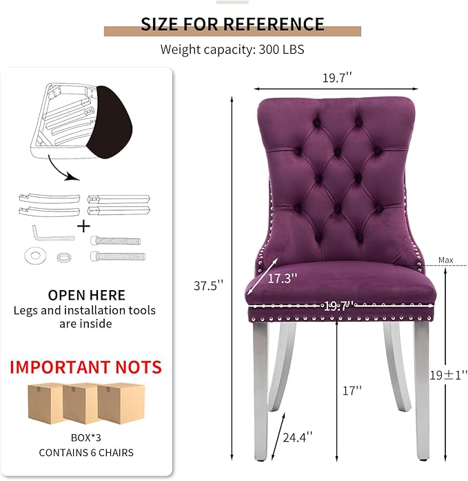 Mid Century Modern Dining Chairs Set of 6, Purple Velvet Upholstered Tufted B...