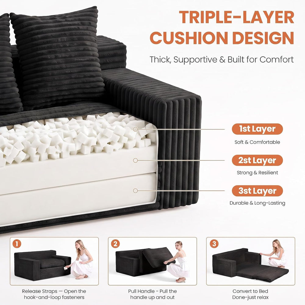 56'' Convertible Boneless Couch, Trifold Sofa Bed/Futon Sleeper with ...