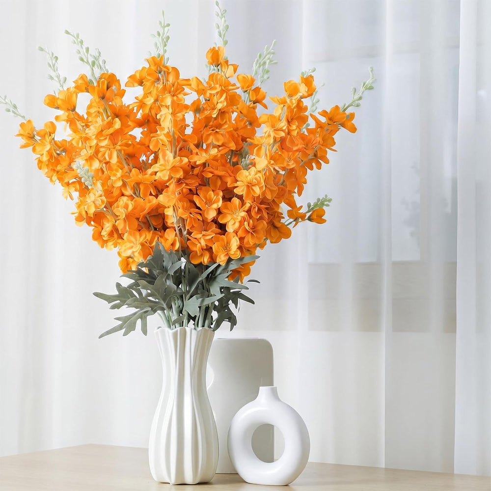 Thiccywoov 24 Pcs Orange Delphinium Artificial Flower Bulk Fall Flowers