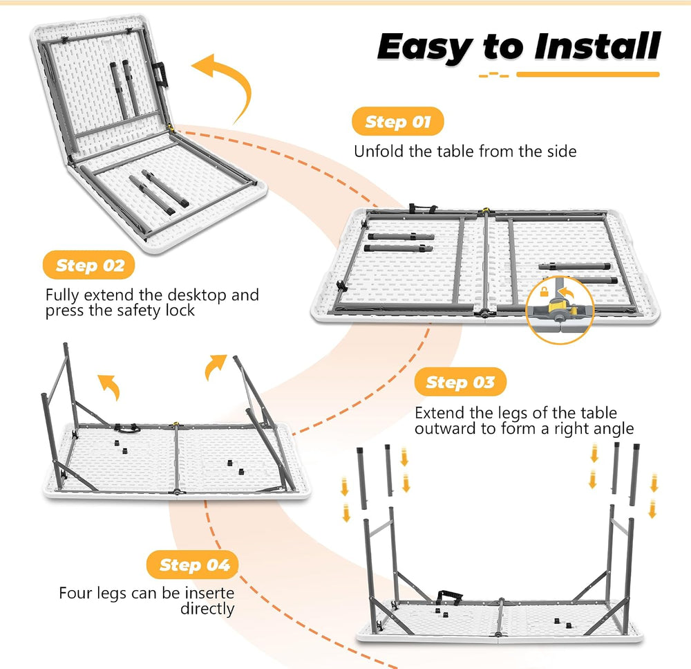 4ft Portable Folding Table, Indoor Outdoor Plastic Dining Table w/Handle, Fol...