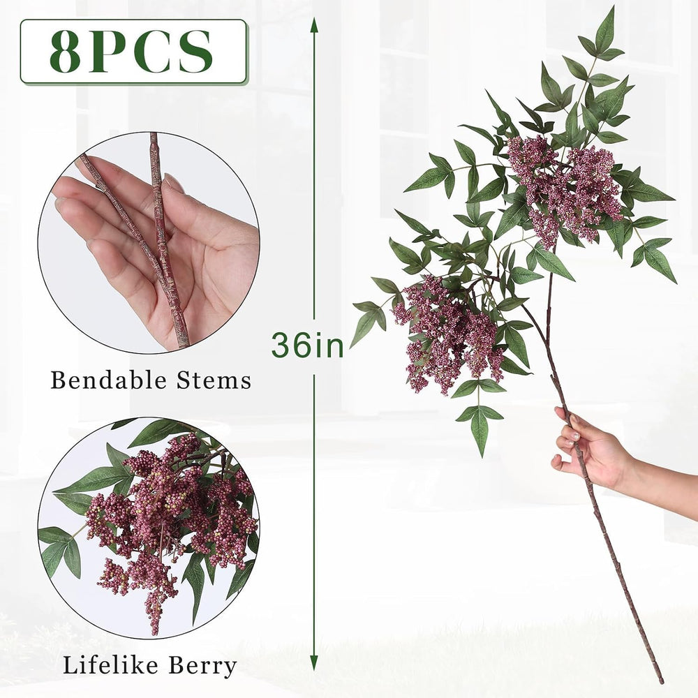 8 Pcs 36" Artificial Nandina Berry Stem, Fake Branches for Vase(Dusty Plum)