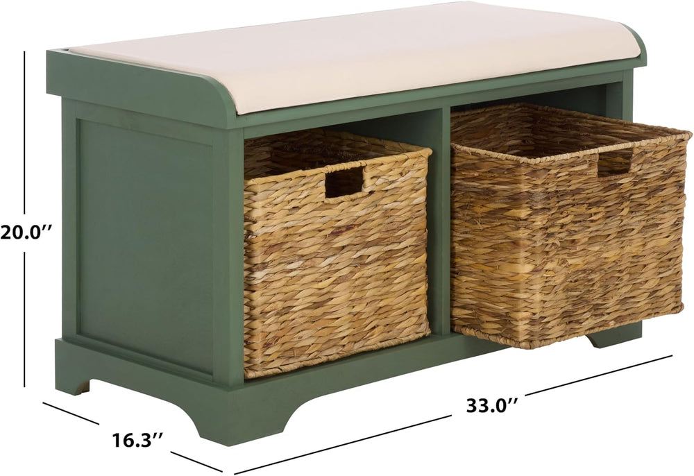 SAFAVIEH Furniture - Freddy 2-Basket Storage Bench - Dusty Green - Solid Wood...